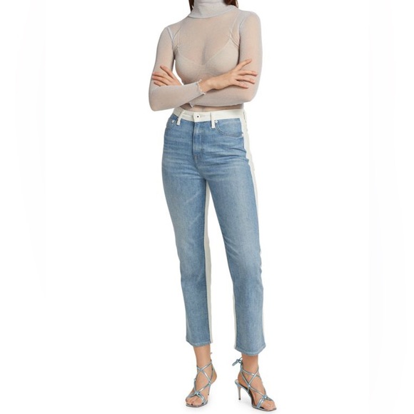 NEW! JONATHAN SIMKHAI Size 27 RIVER HIGH-RISE STRAIGHT Jean 2 Tone White Blue - Picture 17 of 17